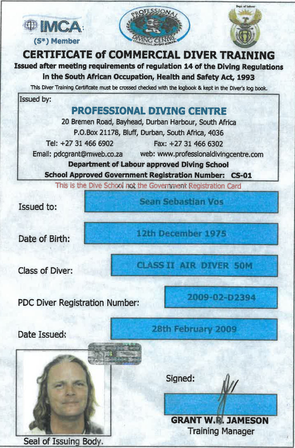 Certificate: IMCA Class II Air Diver